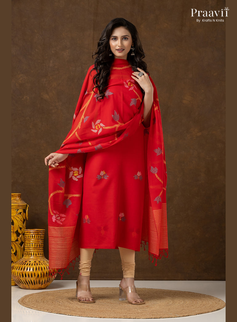 Red Cotton Unstitched Jamdani 2-Piece Suit Set