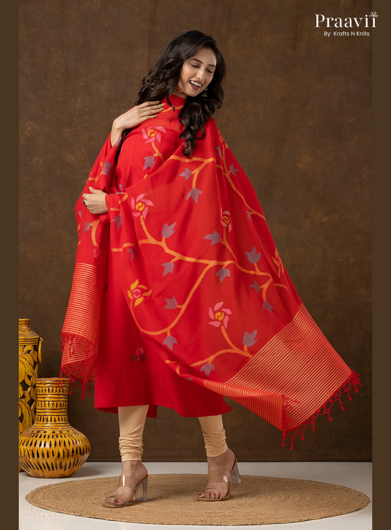 Red Cotton Unstitched Jamdani 2-Piece Suit Set