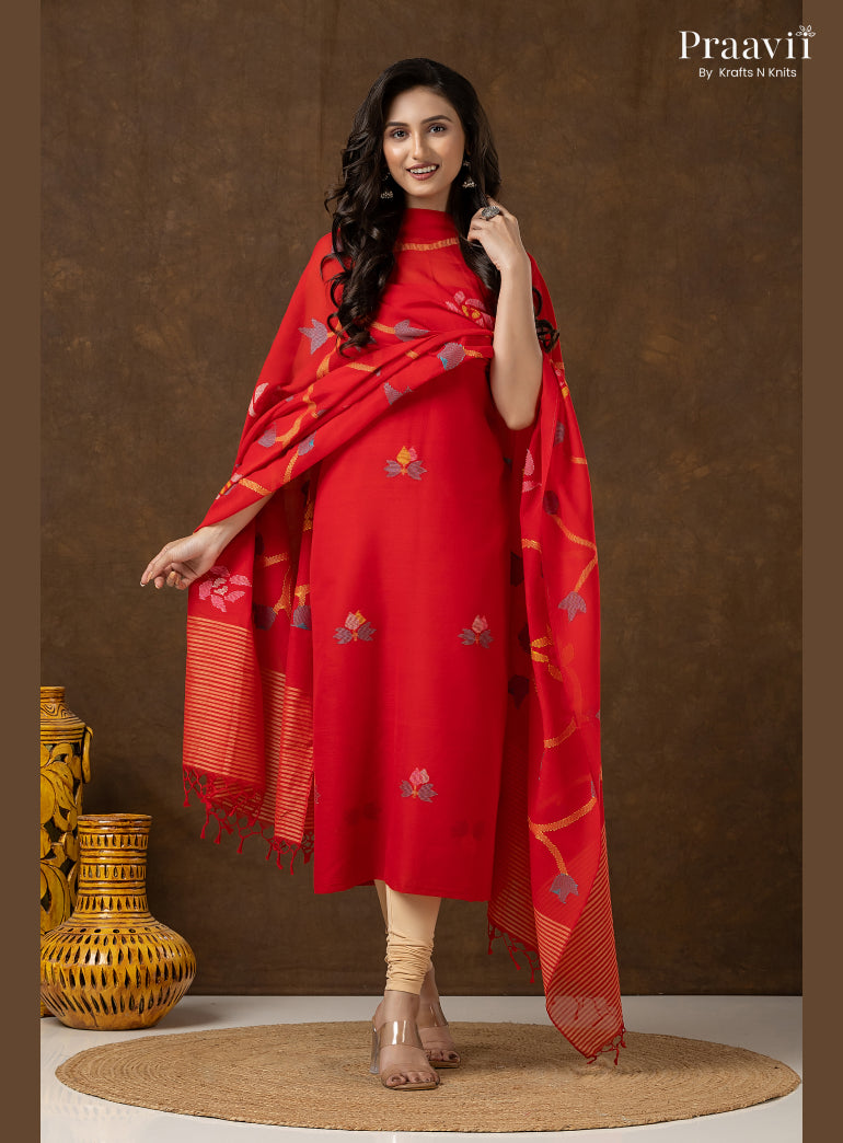 Red Cotton Unstitched Jamdani 2-Piece Suit Set