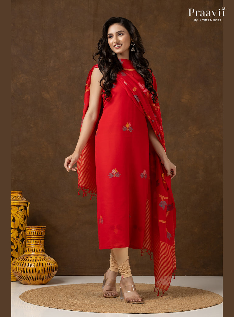 Red Cotton Unstitched Jamdani 2-Piece Suit Set