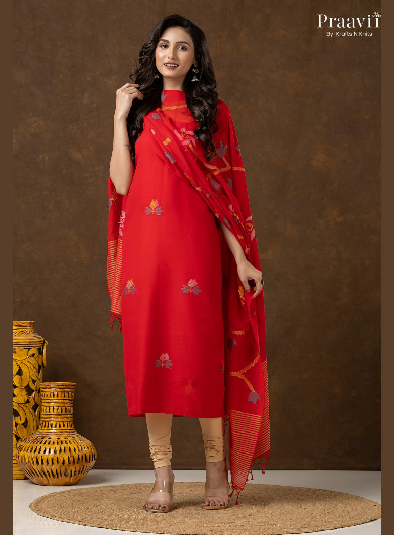 Red Cotton Unstitched Jamdani 2-Piece Suit Set