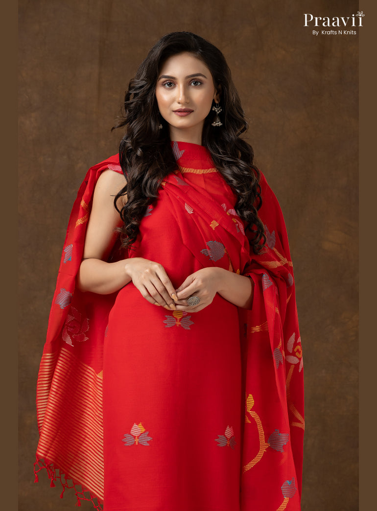 Red Cotton Unstitched Jamdani 2-Piece Suit Set