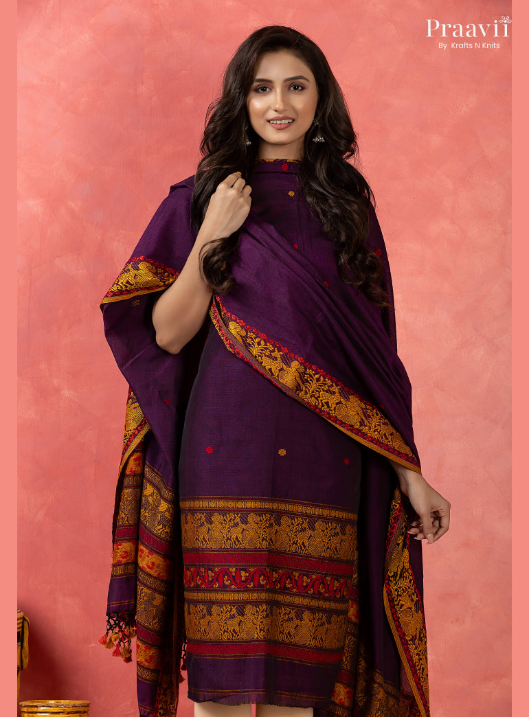 Purple Cotton Jamdani Baluchari Unstitched 2-Piece Set