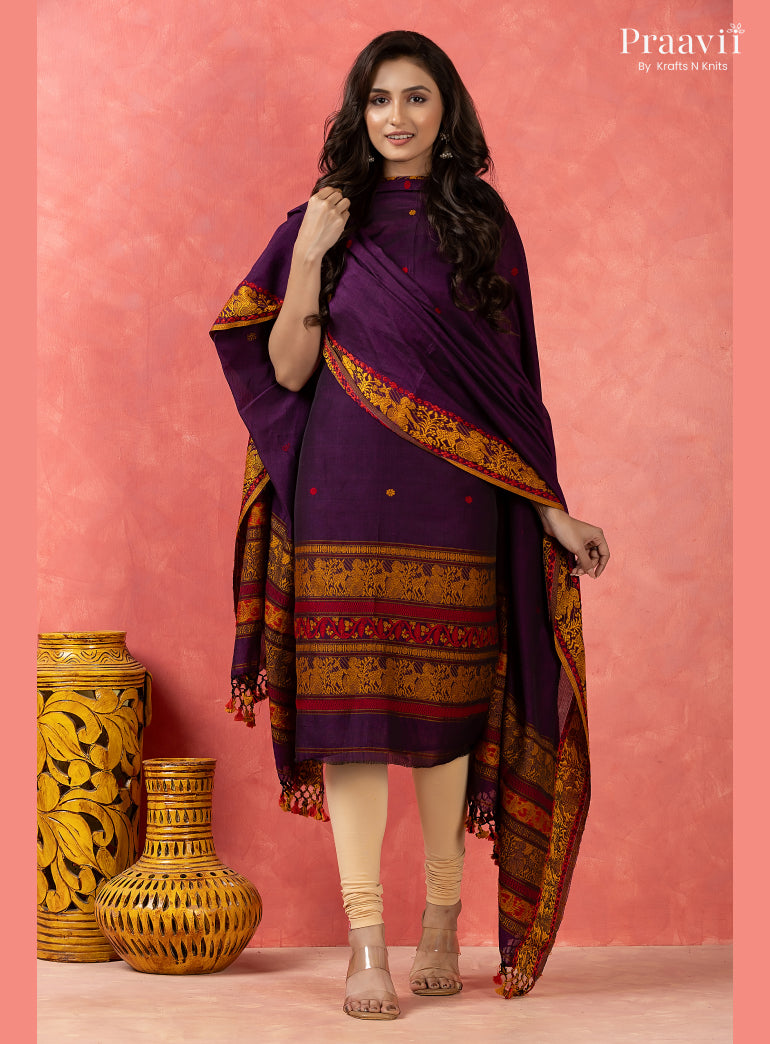 Purple Cotton Jamdani Baluchari Unstitched 2-Piece Set