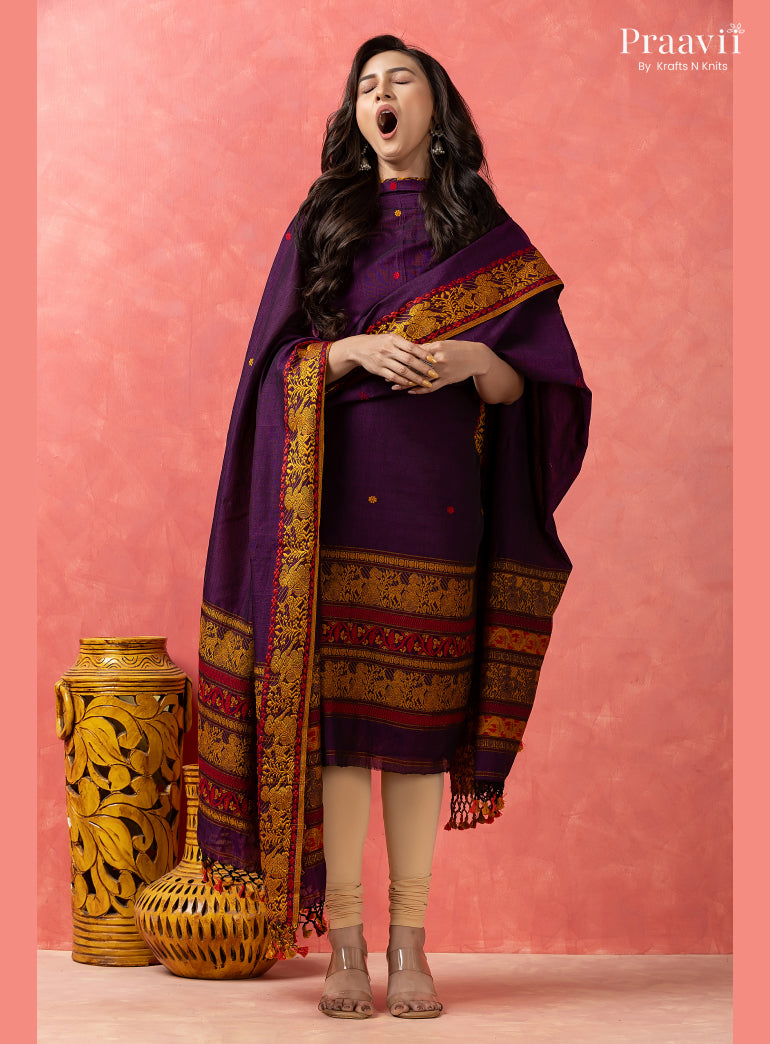 Purple Cotton Jamdani Baluchari Unstitched 2-Piece Set