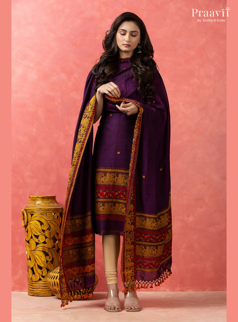 Purple Cotton Jamdani Baluchari Unstitched 2-Piece Set