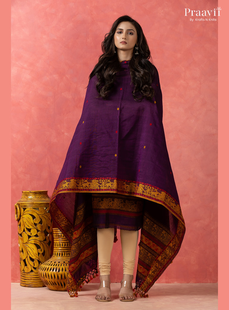 Purple Cotton Jamdani Baluchari Unstitched 2-Piece Set
