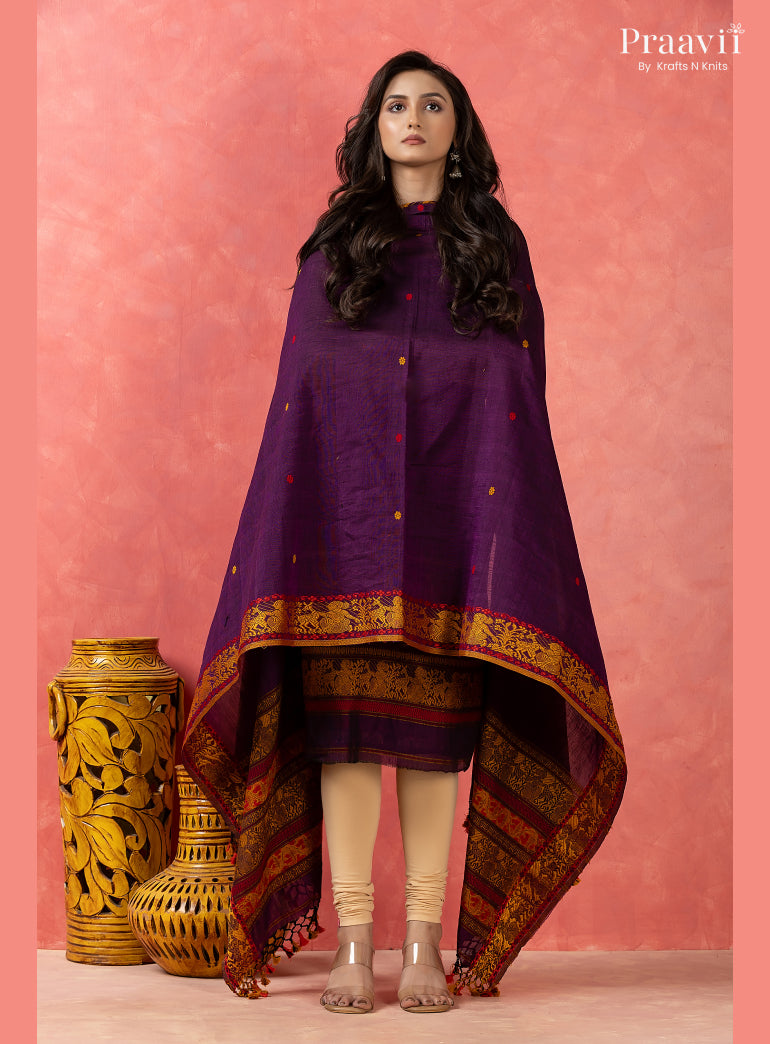 Purple Cotton Jamdani Baluchari Unstitched 2-Piece Set