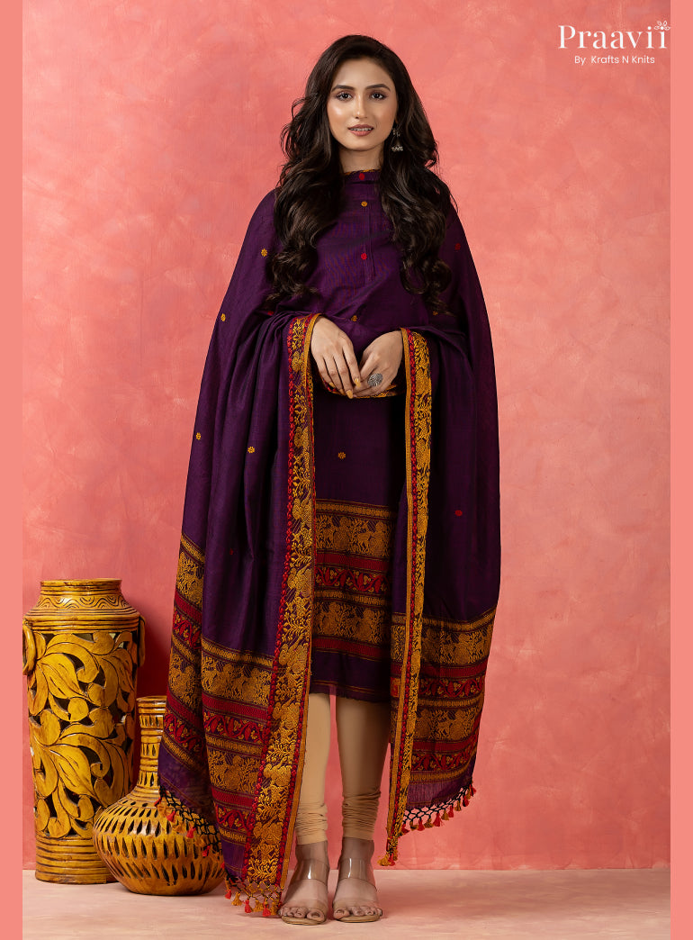 Purple Cotton Jamdani Baluchari Unstitched 2-Piece Set