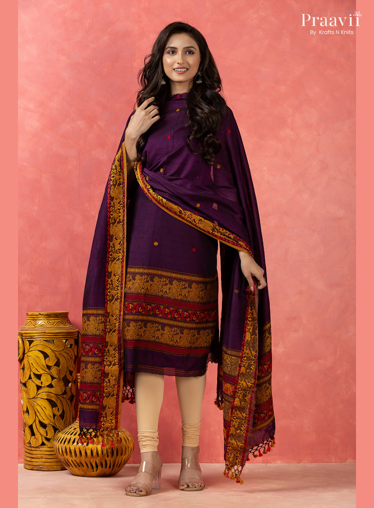Purple Cotton Jamdani Baluchari Unstitched 2-Piece Set