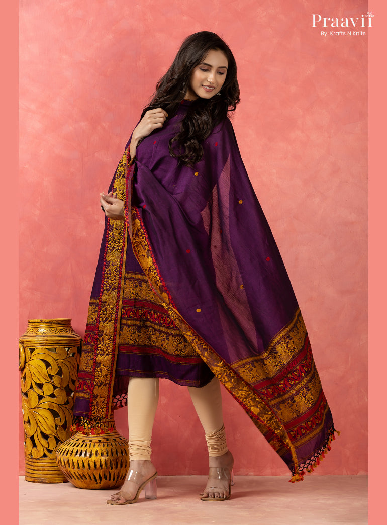 Purple Cotton Jamdani Baluchari Unstitched 2-Piece Set