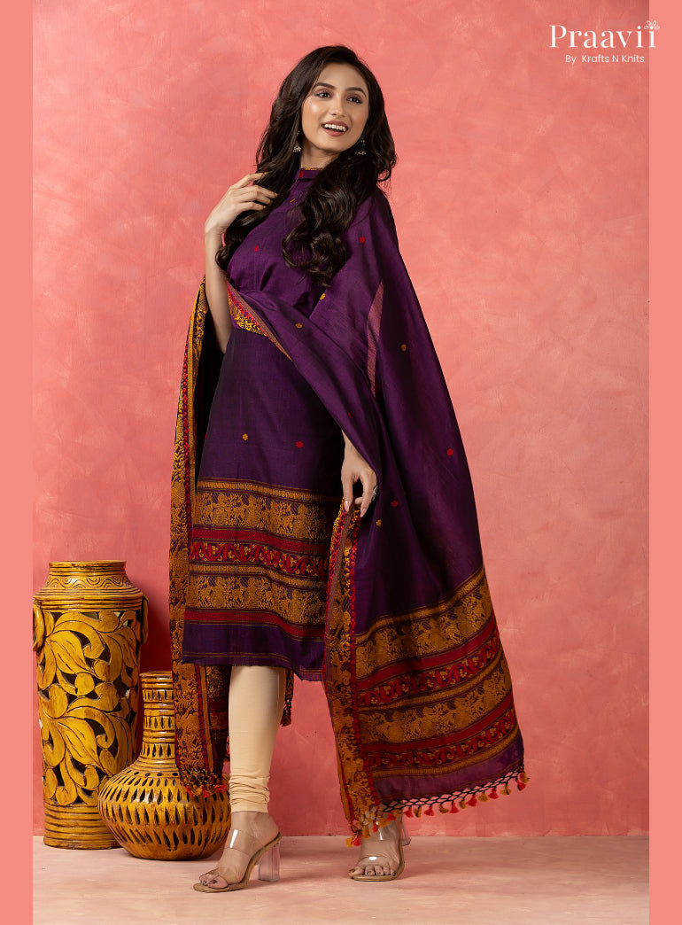 Purple Cotton Jamdani Baluchari Unstitched 2-Piece Set
