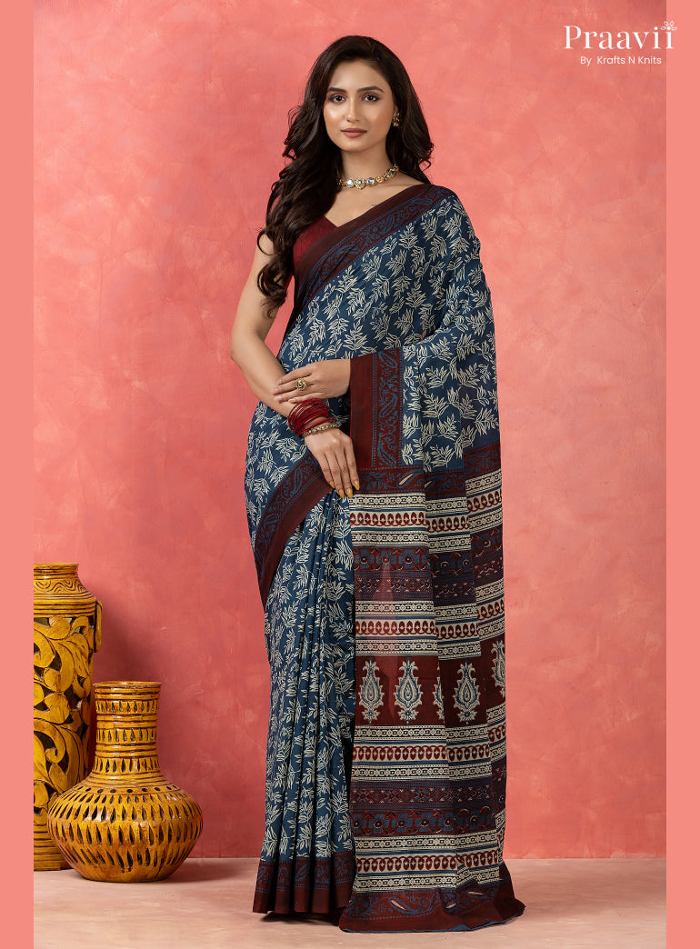 Ocean Blue Bagru Print Pure Mul Cotton Saree