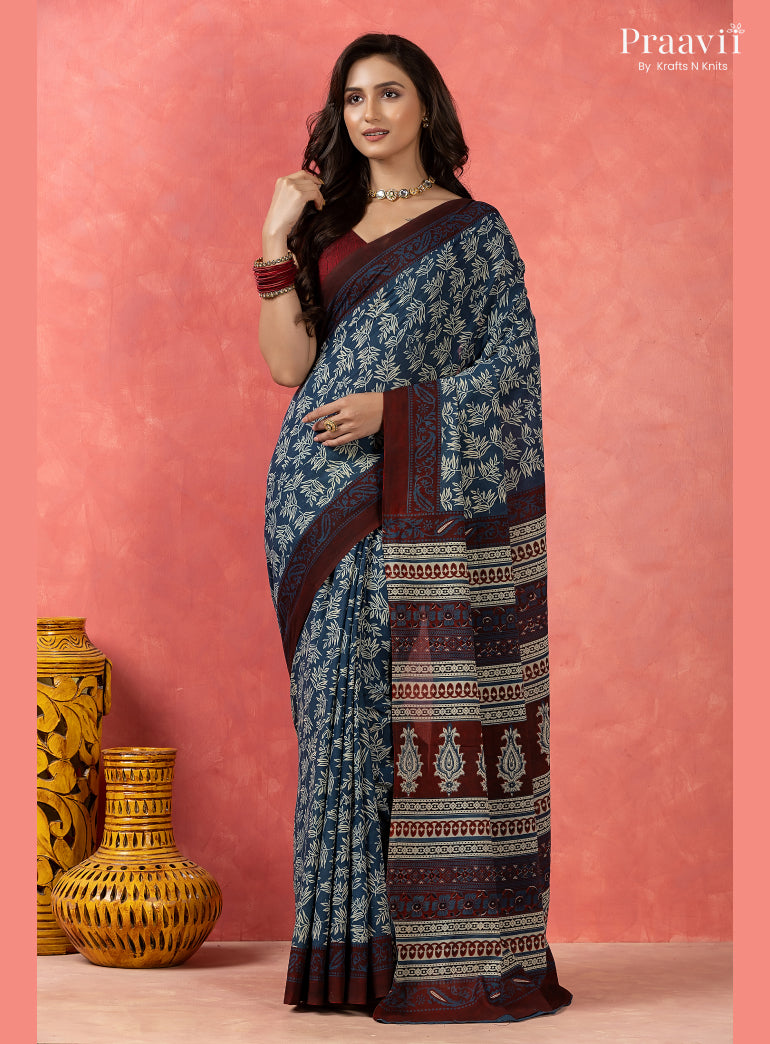 Ocean Blue Bagru Print Pure Mul Cotton Saree
