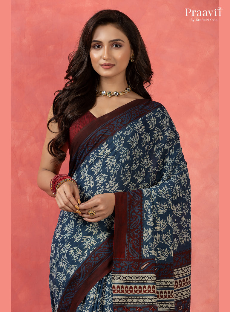 Ocean Blue Bagru Print Pure Mul Cotton Saree