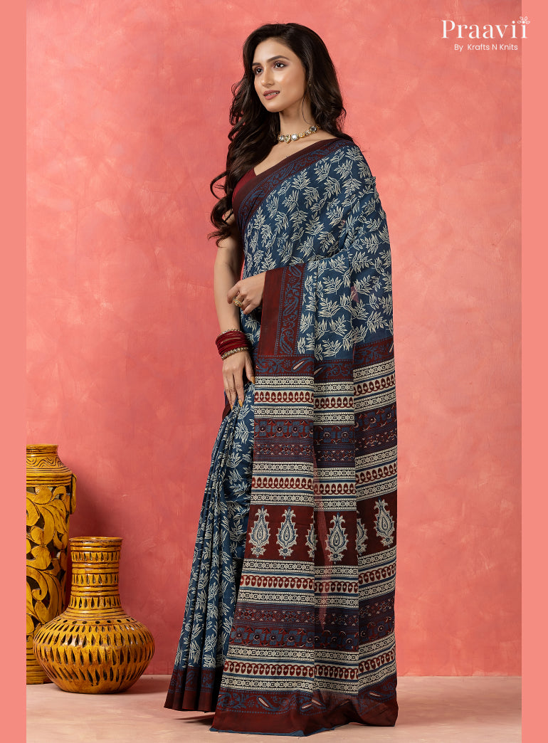 Ocean Blue Bagru Print Pure Mul Cotton Saree