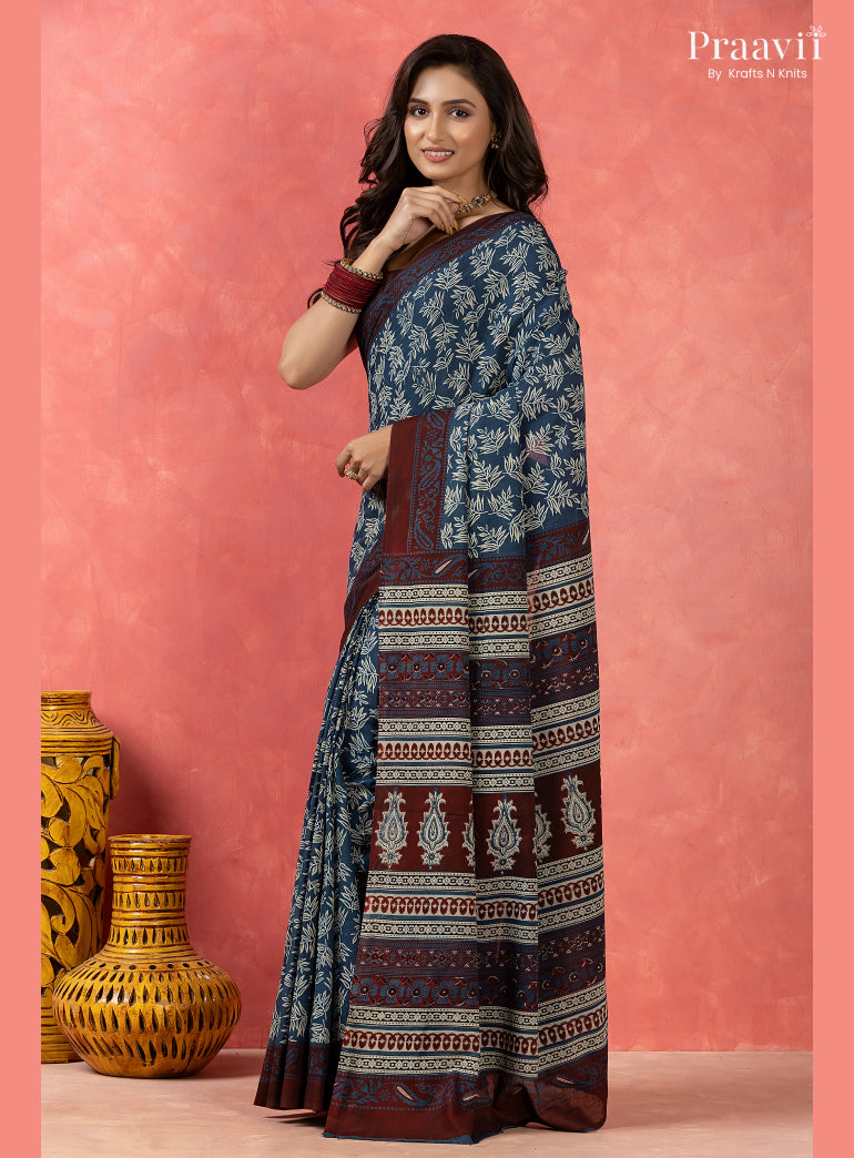 Ocean Blue Bagru Print Pure Mul Cotton Saree