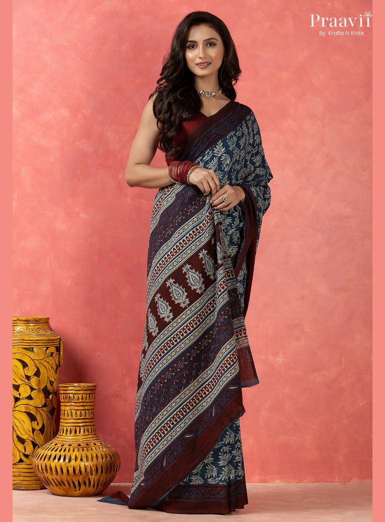 Ocean Blue Bagru Print Pure Mul Cotton Saree