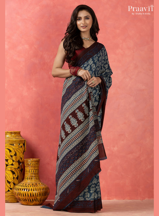 Ocean Blue Bagru Print Pure Mul Cotton Saree