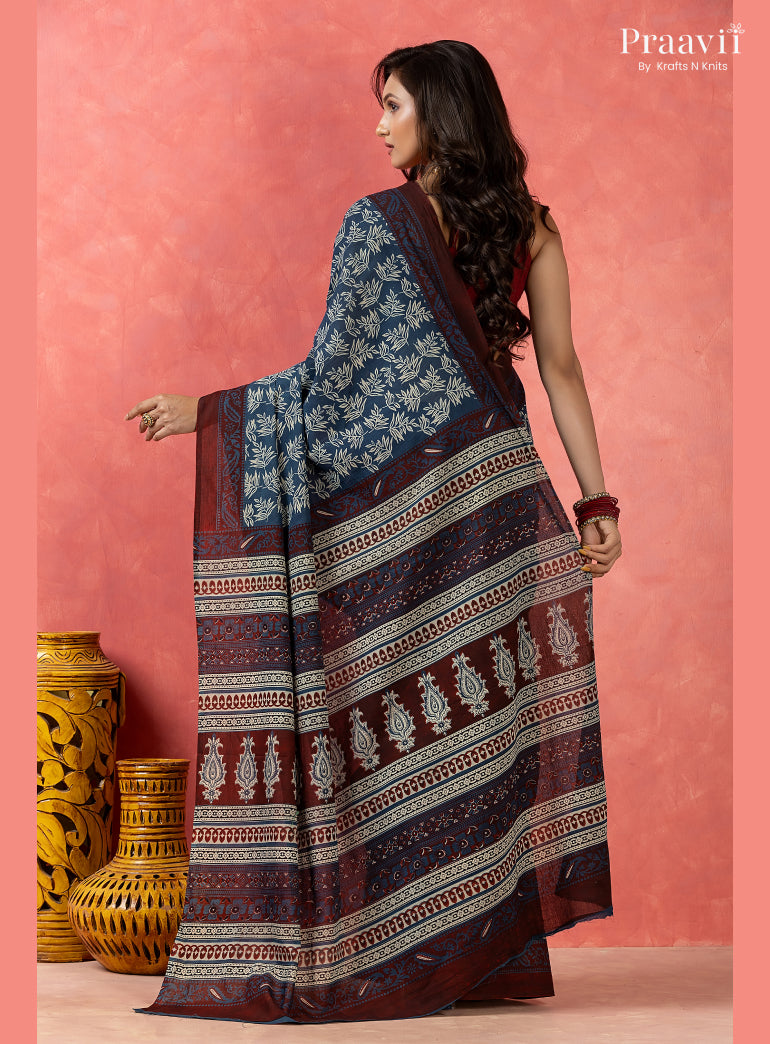 Ocean Blue Bagru Print Pure Mul Cotton Saree