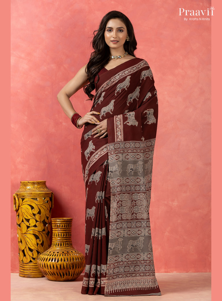 Dark Maroon Pichwai Motif Pure Mul Cotton Saree