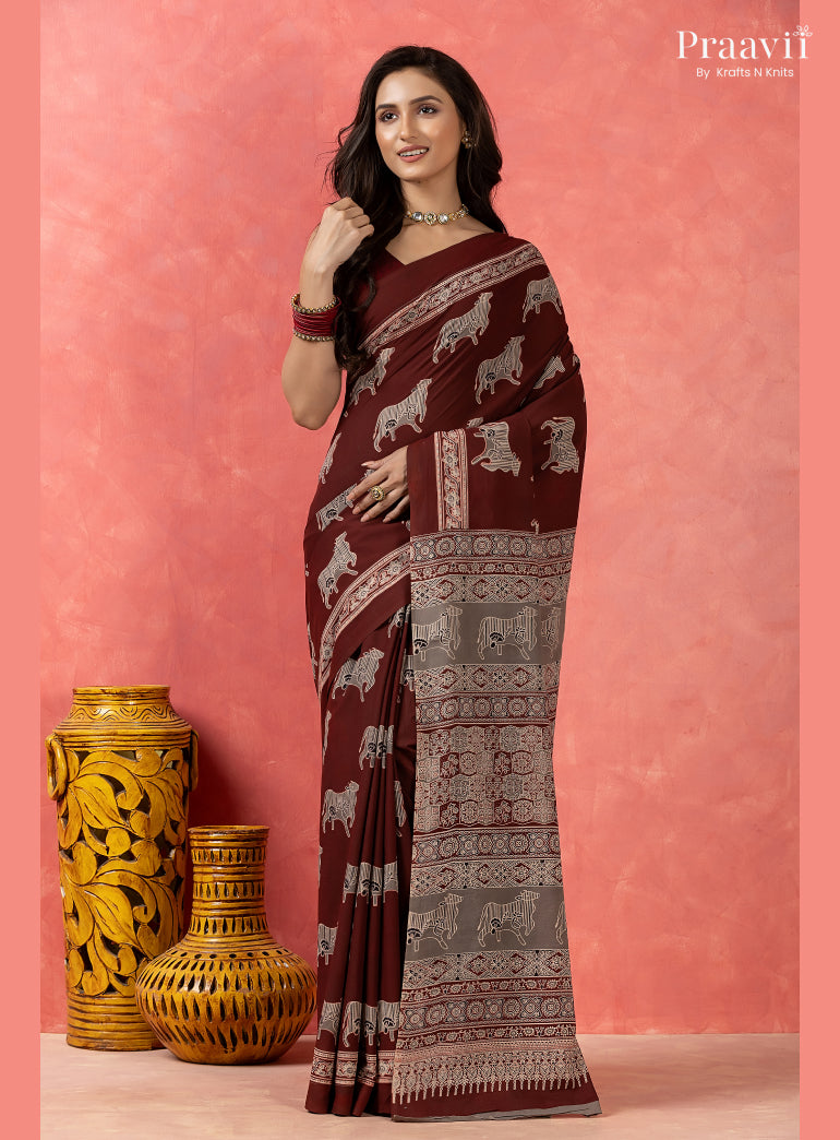 Dark Maroon Pichwai Motif Pure Mul Cotton Saree