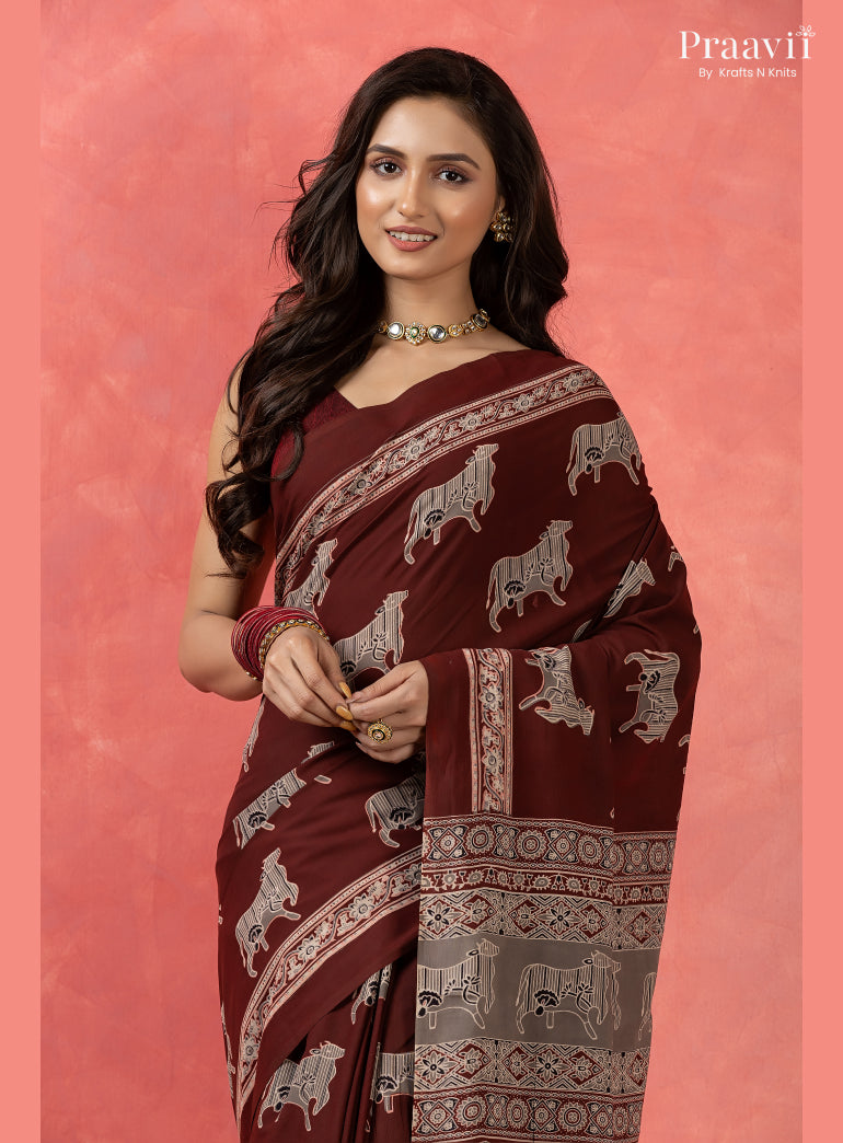 Dark Maroon Pichwai Motif Pure Mul Cotton Saree