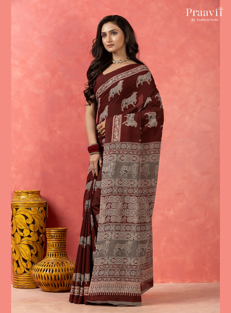 Dark Maroon Pichwai Motif Pure Mul Cotton Saree