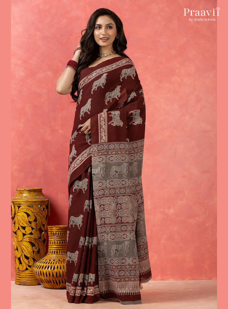 Dark Maroon Pichwai Motif Pure Mul Cotton Saree