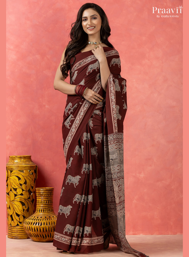 Dark Maroon Pichwai Motif Pure Mul Cotton Saree