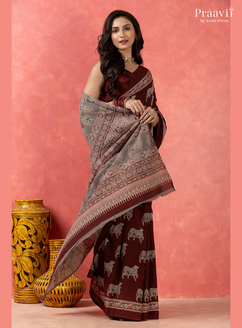 Dark Maroon Pichwai Motif Pure Mul Cotton Saree