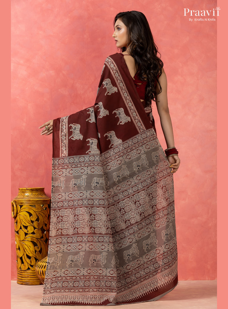 Dark Maroon Pichwai Motif Pure Mul Cotton Saree