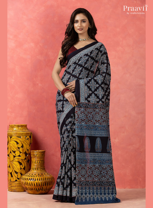 Navy Blue Bagru Print Pure Mul Cotton Saree
