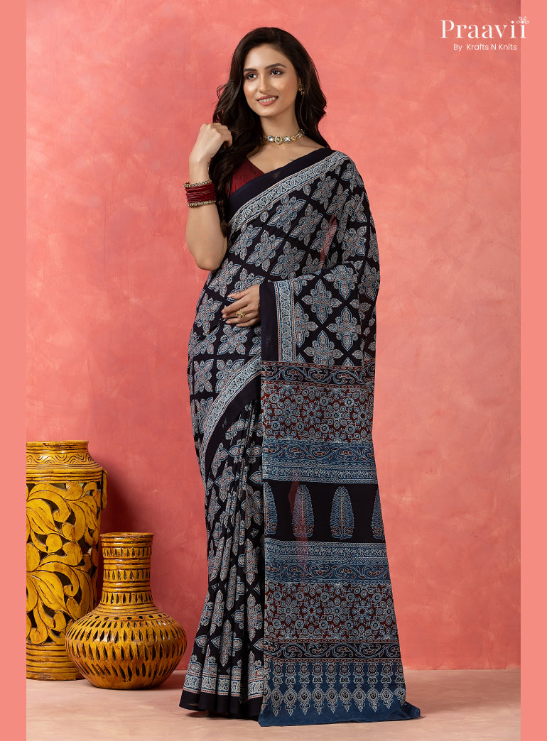 Navy Blue Bagru Print Pure Mul Cotton Saree