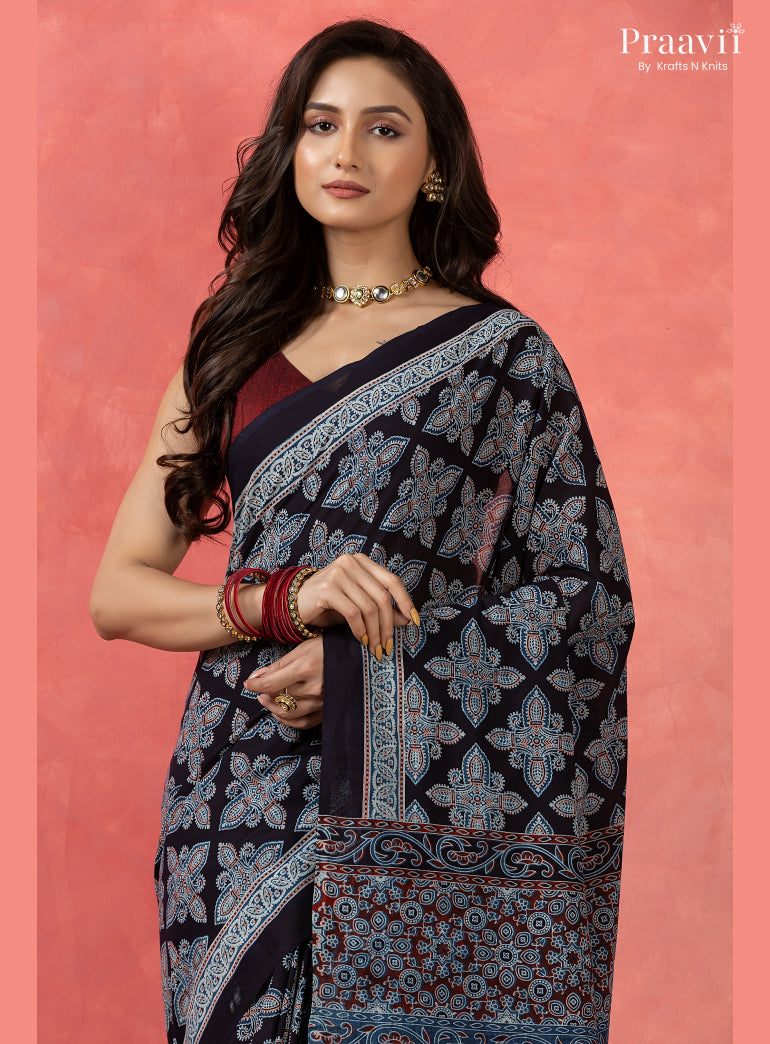 Navy Blue Bagru Print Pure Mul Cotton Saree