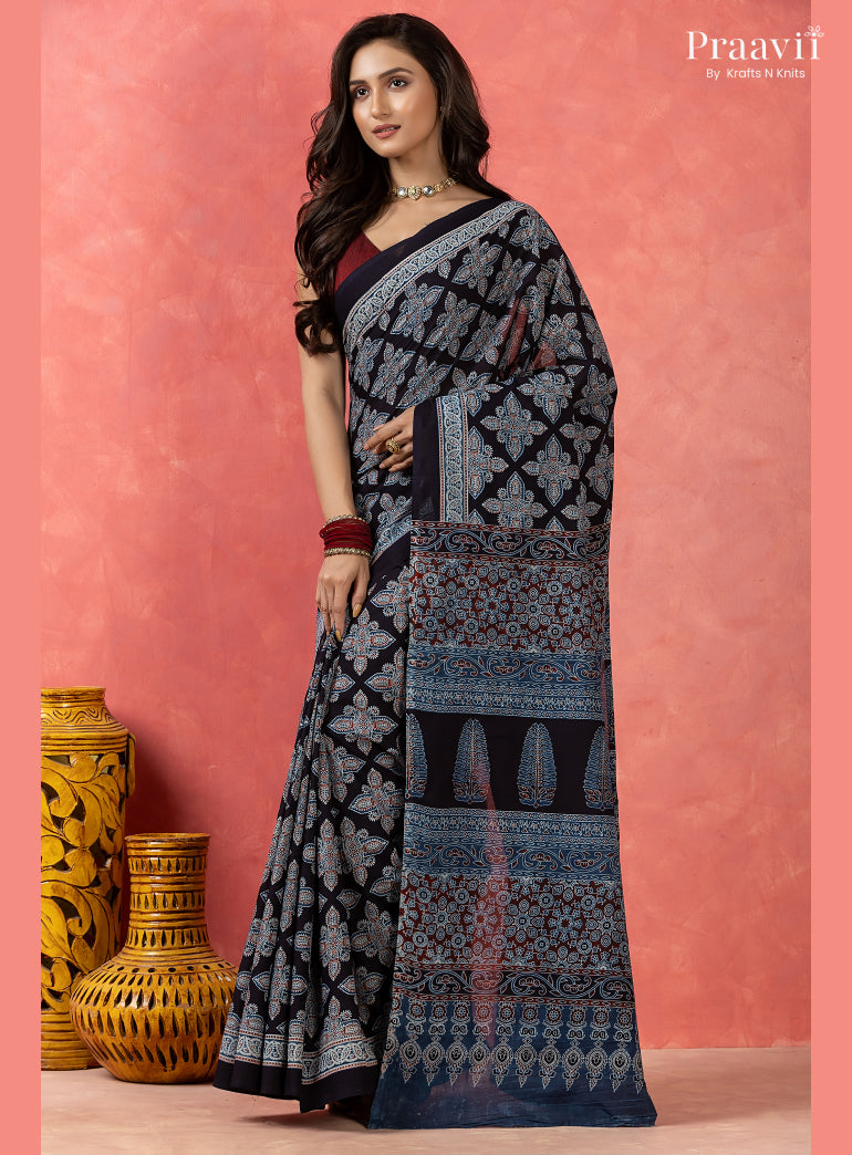 Navy Blue Bagru Print Pure Mul Cotton Saree