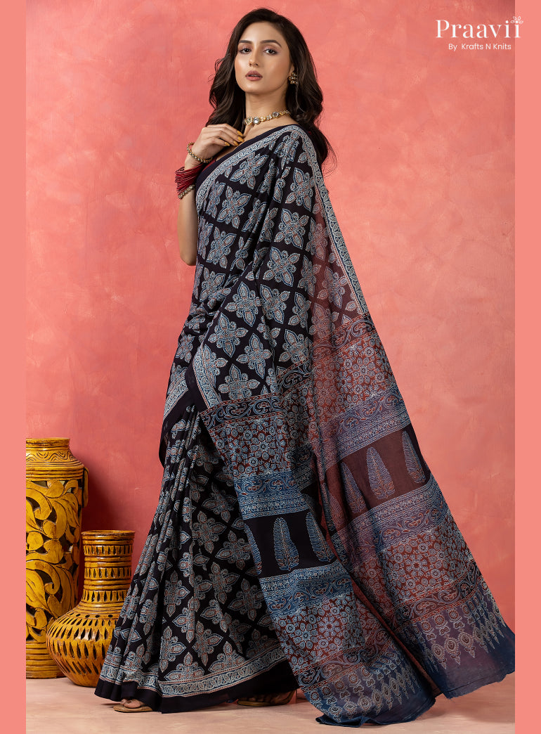 Navy Blue Bagru Print Pure Mul Cotton Saree