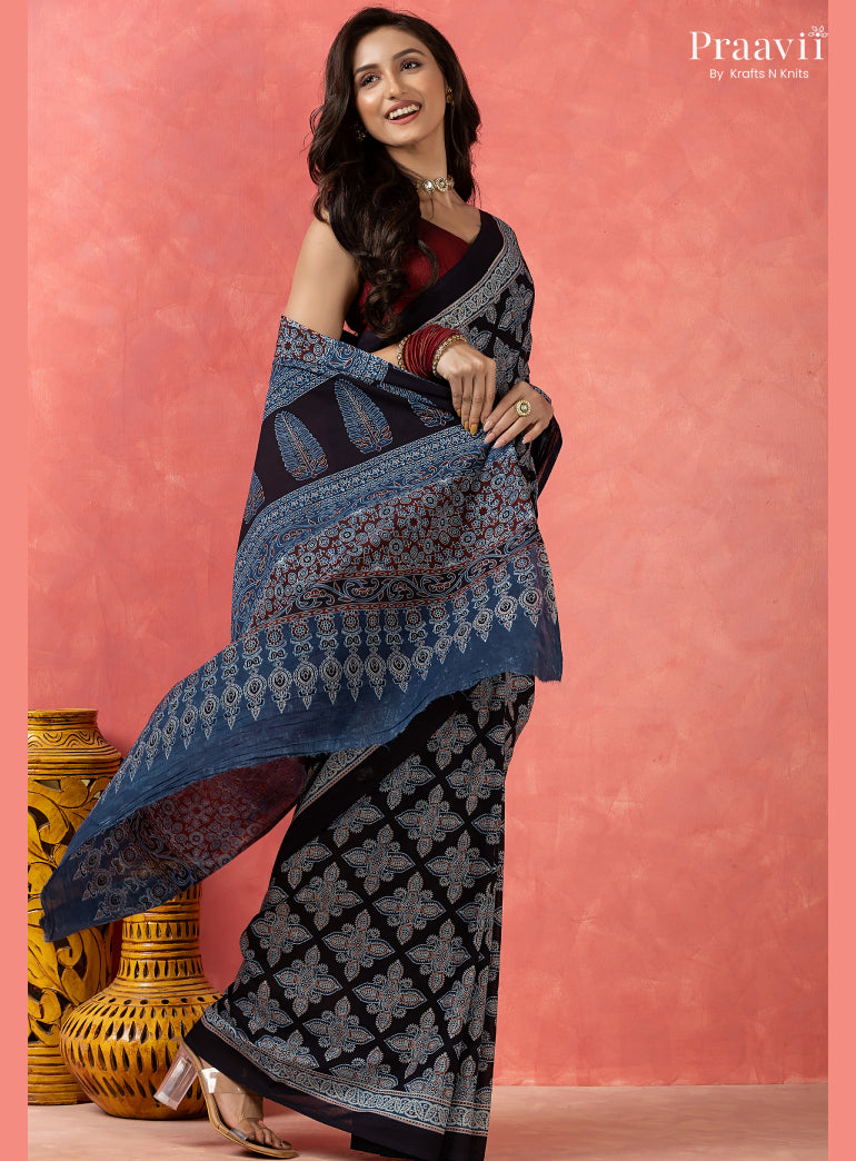 Navy Blue Bagru Print Pure Mul Cotton Saree