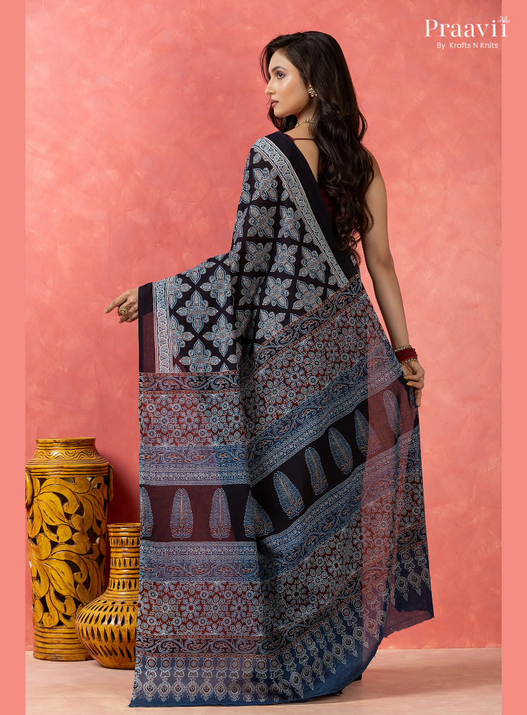 Navy Blue Bagru Print Pure Mul Cotton Saree