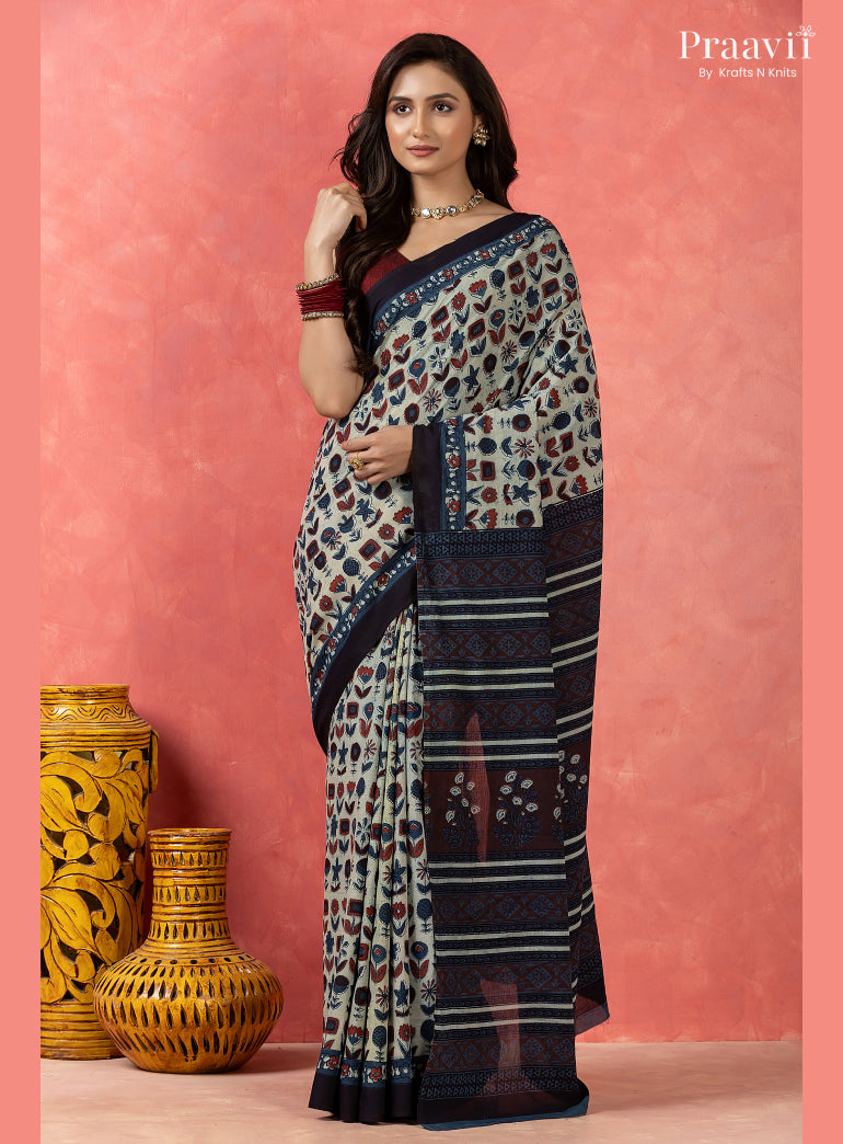 Light Blue Bagru Print Pure Mul Cotton Saree