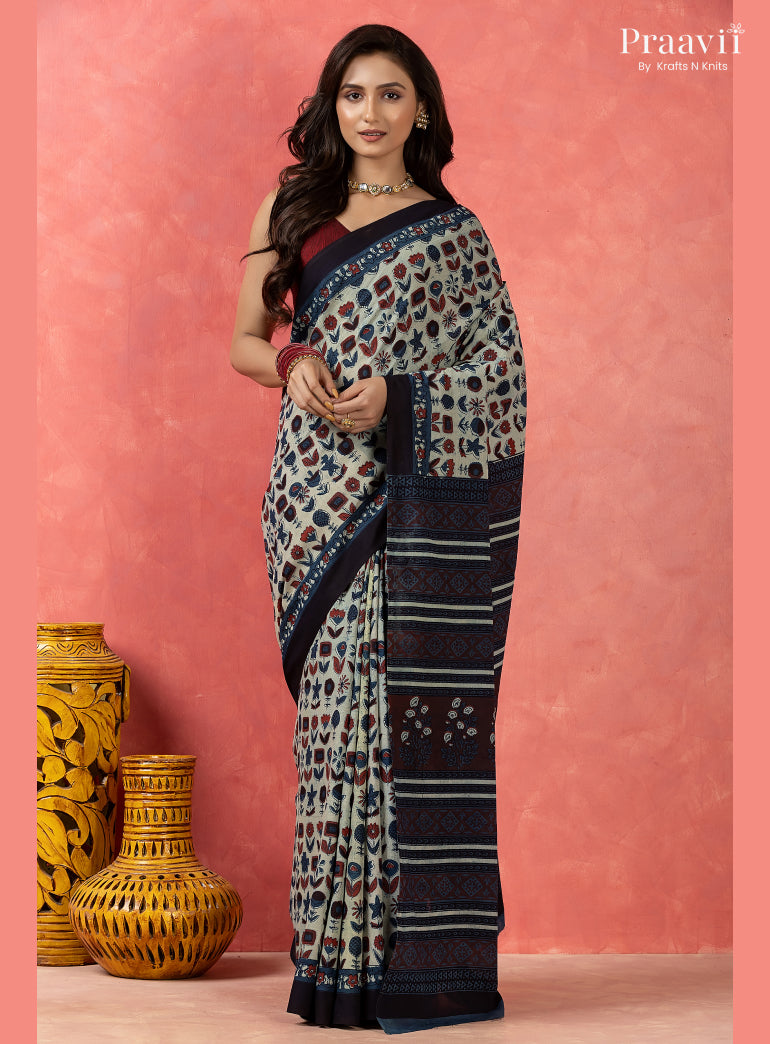 Light Blue Bagru Print Pure Mul Cotton Saree