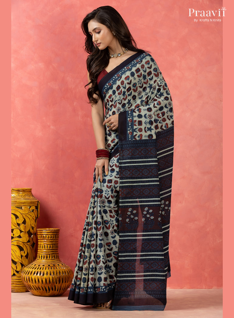 Light Blue Bagru Print Pure Mul Cotton Saree