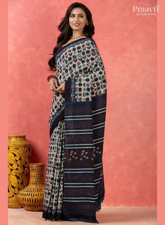 Light Blue Bagru Print Pure Mul Cotton Saree