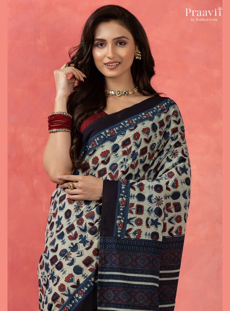 Light Blue Bagru Print Pure Mul Cotton Saree