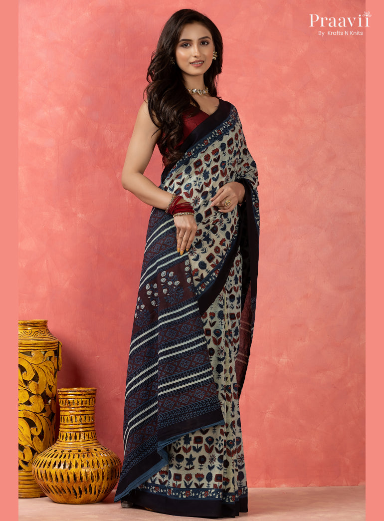 Light Blue Bagru Print Pure Mul Cotton Saree