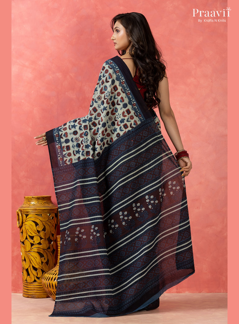 Light Blue Bagru Print Pure Mul Cotton Saree
