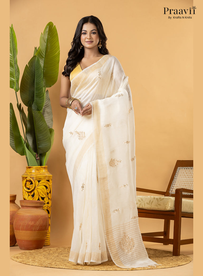 Off-White Pure Silk Linen Saree with Gota Patti and Zardosi