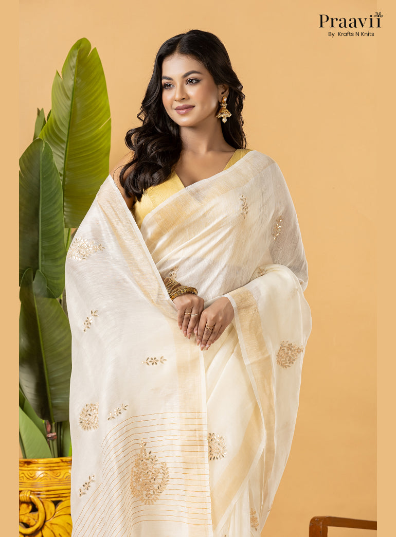 Off-White Pure Silk Linen Saree with Gota Patti and Zardosi