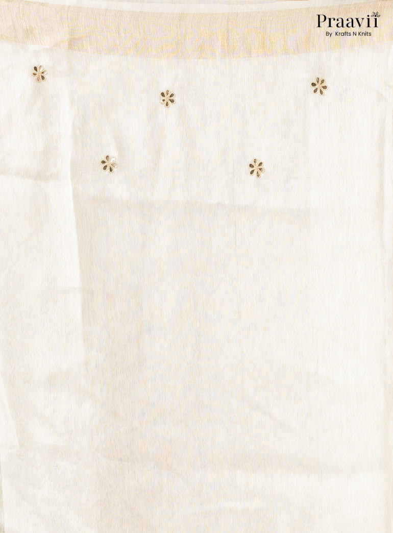 Off-White Pure Silk Linen Saree with Gota Patti and Zardosi