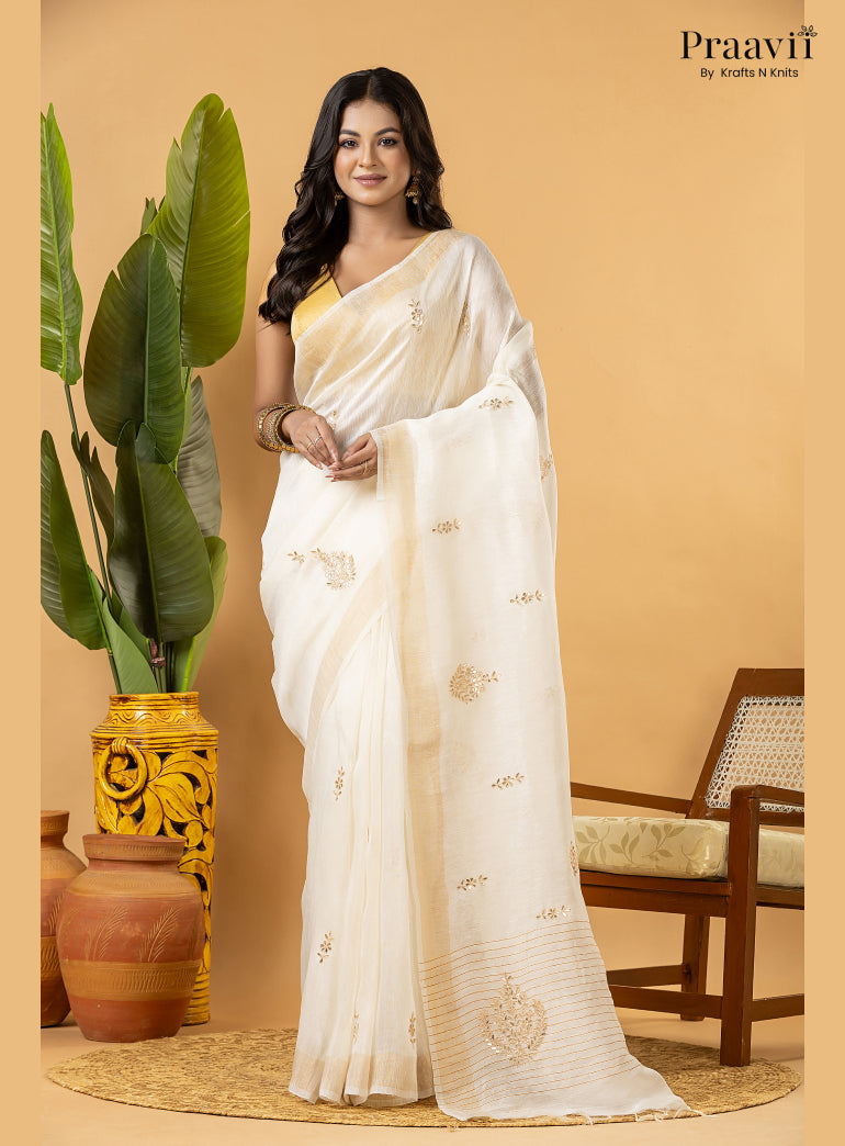 Off-White Pure Silk Linen Saree with Gota Patti and Zardosi